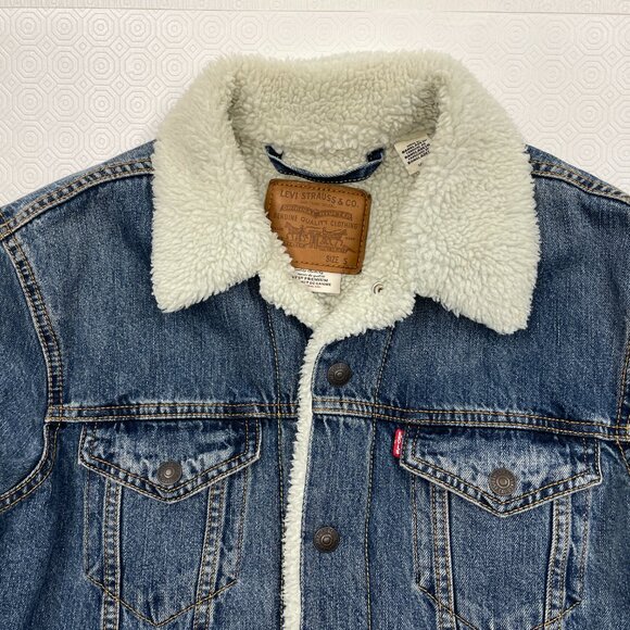 LEVI'S Premium Big E Denim Sherpa Lined Snap Button Front Trucker Jacket Women S - Picture 4 of 14